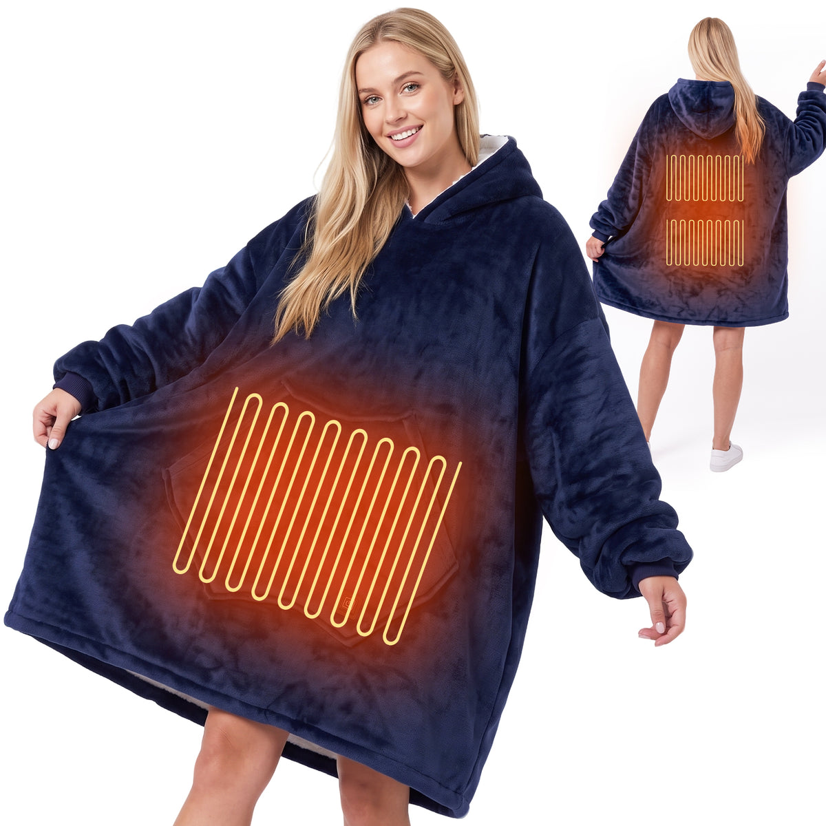 Dark Blue Cordless Electric Wearable Heated Blanket Hoodie with Pocket, Oversized Flannel & Sherpa USB Heated Hooded Blanket Sweatshirt for Men Women