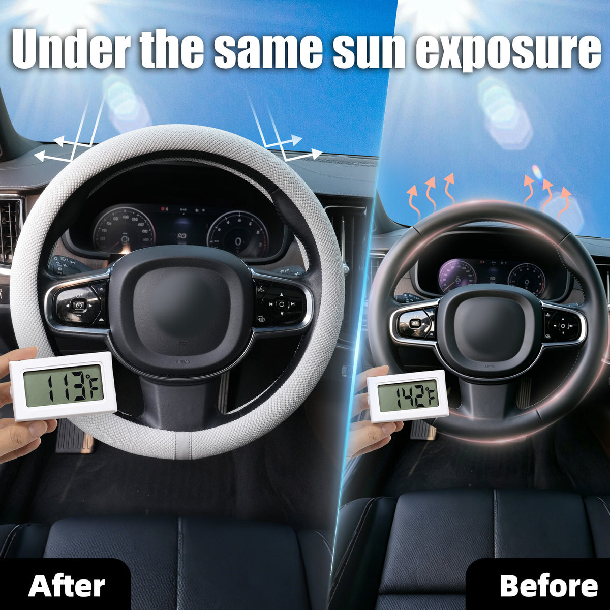 15 Inch Silicone Steering Wheel Cover for Women Thermoregulating All-Season Breathable Car Steering Wheel Protector Fits Round/D Shape, Warm in Winter Cool in Summer, Non-Slip Touch, White Gray