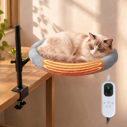 15 Inch Heated Cat Bed, Adjustable Desk Mounted Cat Bed Nest with Timer, 360° Rotating Gray Warming Cat Hammock bed, Fits Desks & Tables, for Small Middle Cats Indoor, Holds Up to 21lbs