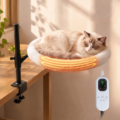 15 Inch Heated Cat Bed, Adjustable Desk Mounted Cat Bed Nest with Timer, 360° Rotating White Warming Cat Hammock bed, Fits Desks & Tables, for Small Middle Cats Indoor, Holds Up to 21lbs