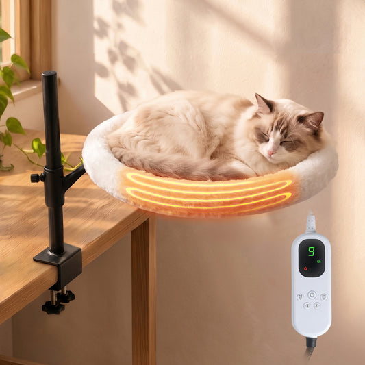 15 Inch Heated Cat Bed, Adjustable Desk Mounted Cat Bed Nest with Timer, 360° Rotating White Warming Cat Hammock bed, Fits Desks & Tables, for Small Middle Cats Indoor, Holds Up to 21lbs