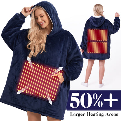 Dark Blue Cordless Electric Wearable Heated Blanket Hoodie with Pocket, Oversized Flannel & Sherpa USB Heated Hooded Blanket Sweatshirt for Men Women