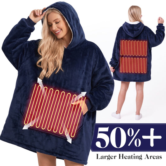 Dark Blue Cordless Electric Wearable Heated Blanket Hoodie with Pocket, Oversized Flannel & Sherpa USB Heated Hooded Blanket Sweatshirt for Men Women