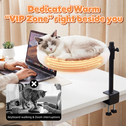 15 Inch Heated Cat Bed, Adjustable Desk Mounted Cat Bed Nest with Timer, 360° Rotating White Warming Cat Hammock bed, Fits Desks & Tables, for Small Middle Cats Indoor, Holds Up to 21lbs