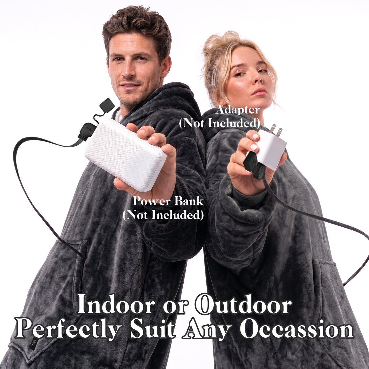 Dark Gray Cordless Electric Wearable Heated Blanket Hoodie with Pocket, Oversized Flannel & Sherpa USB Heated Hooded Blanket Sweatshirt for Men Women