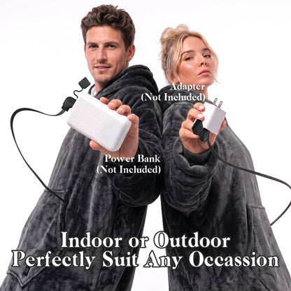 Dark Gray Cordless Electric Wearable Heated Blanket Hoodie with Pocket, Oversized Flannel & Sherpa USB Heated Hooded Blanket Sweatshirt for Men Women