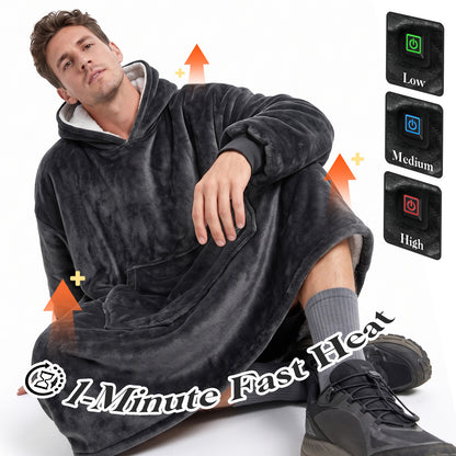 Dark Gray Cordless Electric Wearable Heated Blanket Hoodie with Pocket, Oversized Flannel & Sherpa USB Heated Hooded Blanket Sweatshirt for Men Women