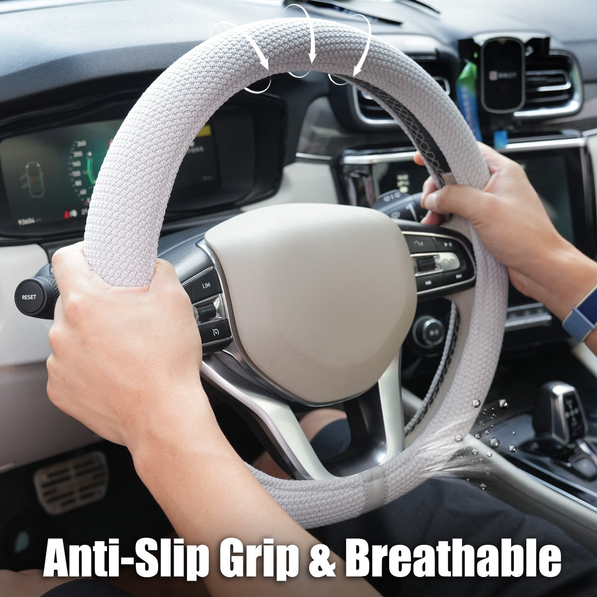 White Gray Upgraded Silicone Steering Wheel Cover Women, Warm in Winter Cool in Summer, 15 Inch Thermoregulating Breathable Car Steering Wheel Accessories Non-Slip for Women Men, Fits Round/D Shape