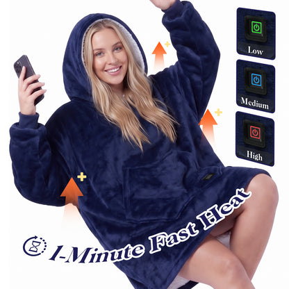 Dark Blue Cordless Electric Wearable Heated Blanket Hoodie with Pocket, Oversized Flannel & Sherpa USB Heated Hooded Blanket Sweatshirt for Men Women