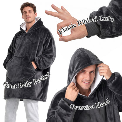 Dark Gray Cordless Electric Wearable Heated Blanket Hoodie with Pocket, Oversized Flannel & Sherpa USB Heated Hooded Blanket Sweatshirt for Men Women