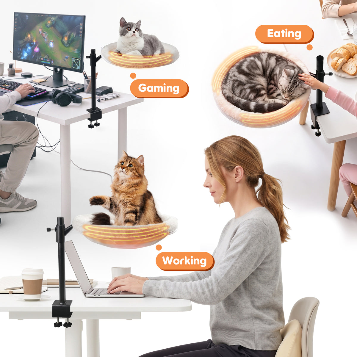 15 Inch Heated Cat Bed, Adjustable Desk Mounted Cat Bed Nest with Timer, 360° Rotating White Warming Cat Hammock bed, Fits Desks & Tables, for Small Middle Cats Indoor, Holds Up to 21lbs