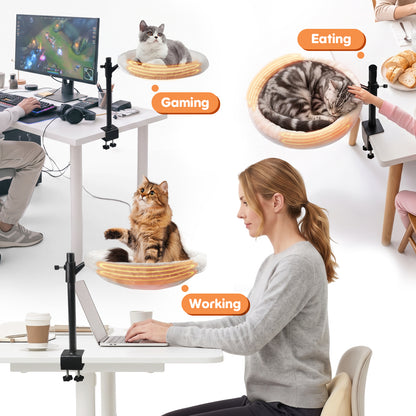 15 Inch Heated Cat Bed, Adjustable Desk Mounted Cat Bed Nest with Timer, 360° Rotating White Warming Cat Hammock bed, Fits Desks & Tables, for Small Middle Cats Indoor, Holds Up to 21lbs