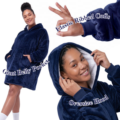 Dark Blue Cordless Electric Wearable Heated Blanket Hoodie with Pocket, Oversized Flannel & Sherpa USB Heated Hooded Blanket Sweatshirt for Men Women