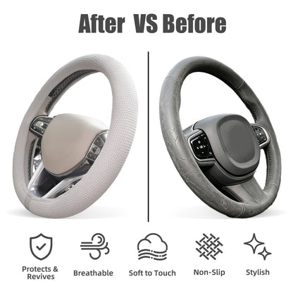 White Gray Upgraded Silicone Steering Wheel Cover Women, Warm in Winter Cool in Summer, 15 Inch Thermoregulating Breathable Car Steering Wheel Accessories Non-Slip for Women Men, Fits Round/D Shape