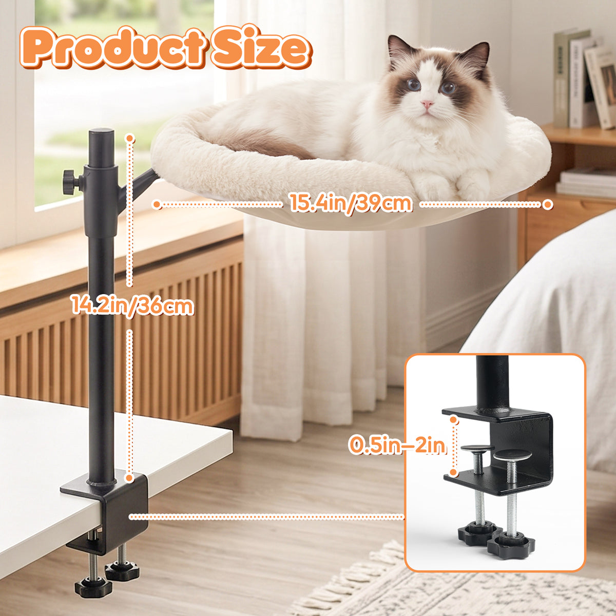 15 Inch Heated Cat Bed, Adjustable Desk Mounted Cat Bed Nest with Timer, 360° Rotating White Warming Cat Hammock bed, Fits Desks & Tables, for Small Middle Cats Indoor, Holds Up to 21lbs