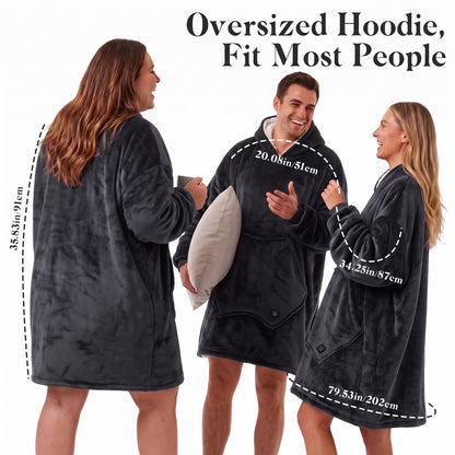 Dark Gray Cordless Electric Wearable Heated Blanket Hoodie with Pocket, Oversized Flannel & Sherpa USB Heated Hooded Blanket Sweatshirt for Men Women