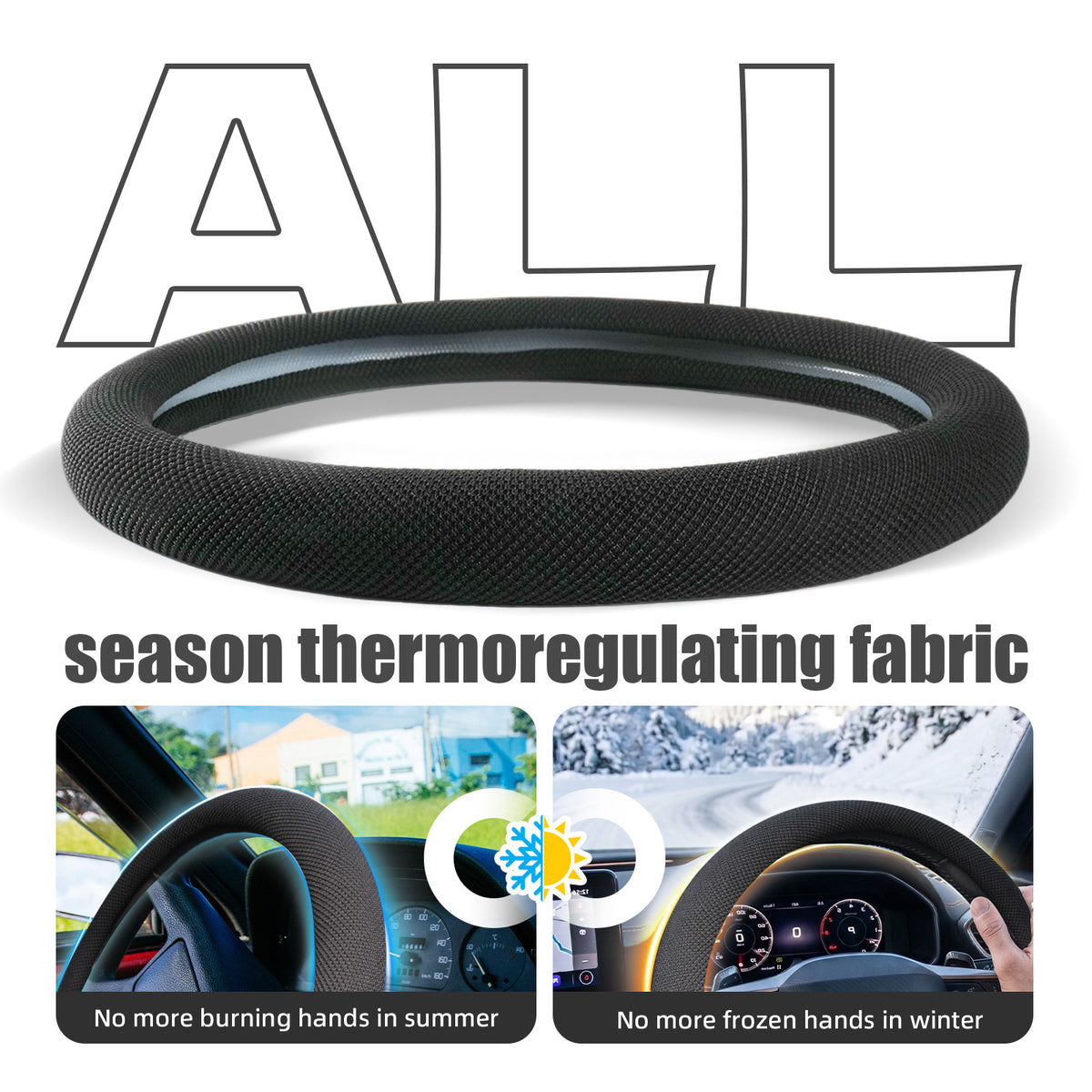 15 Inch Black Silicone Steering Wheel Cover Thermoregulating for All-Season Breathable Car Steering Wheel Cover Men Fits Round/D Shape, Warm in Winter Cool in Summer, Non-Slip Touch