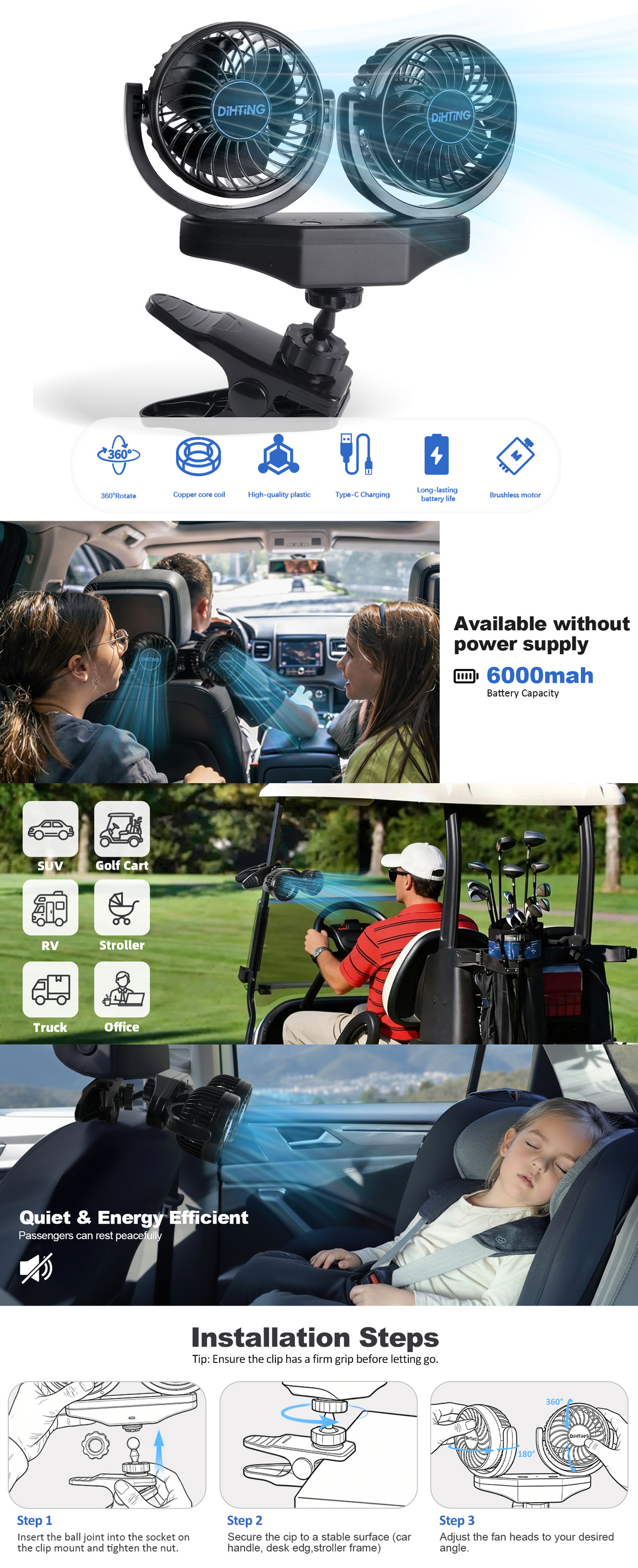 2 Pack 6000mAh Rechargeable Dual Car Fan for Backseat, Separate Controlled 360° Rotatable Rechargeable Backseat Car Fans with USB Plug for Vehicles RV SUV Truck Golf Cart