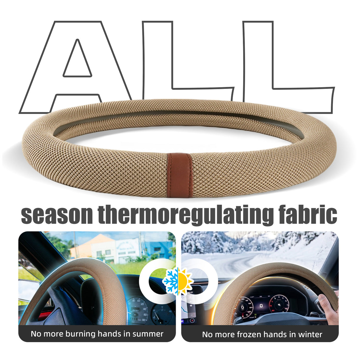 15" Silicone Steering Wheel Cover, Non-Slip Thermoregulating for All Season Breathable Car Steering Wheel Cover Protector Warmer Fits Round/D Shape, Warm in Winter Cool in Summer, Khaki Tan