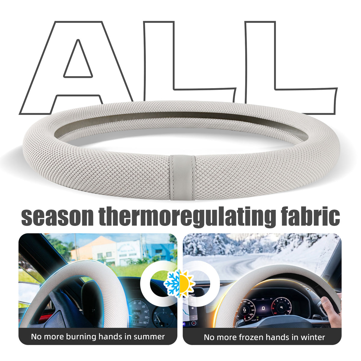 15 Inch Silicone Steering Wheel Cover for Women Thermoregulating All-Season Breathable Car Steering Wheel Protector Fits Round/D Shape, Warm in Winter Cool in Summer, Non-Slip Touch, White Gray