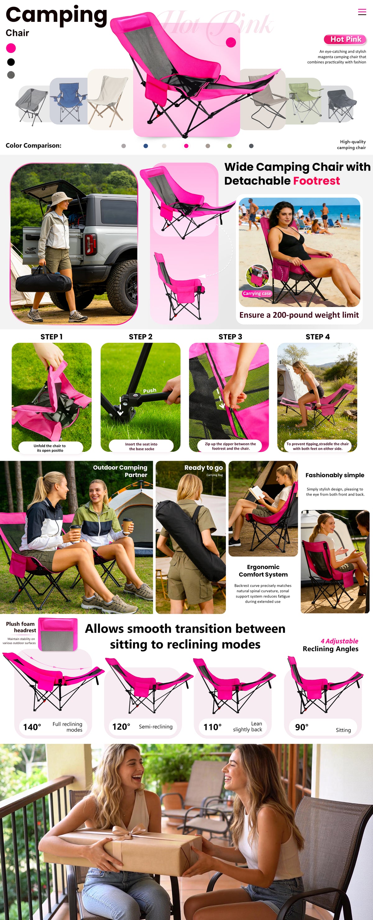 Reclining Camping Chair Lounge Chair with Footrest 3-Position Adjustable Portable Reclined Chair Folding Lounge Chair With Headrest & Storage Bag for Outdoor Lawn, Hiking, Picnic, Fishing, Green