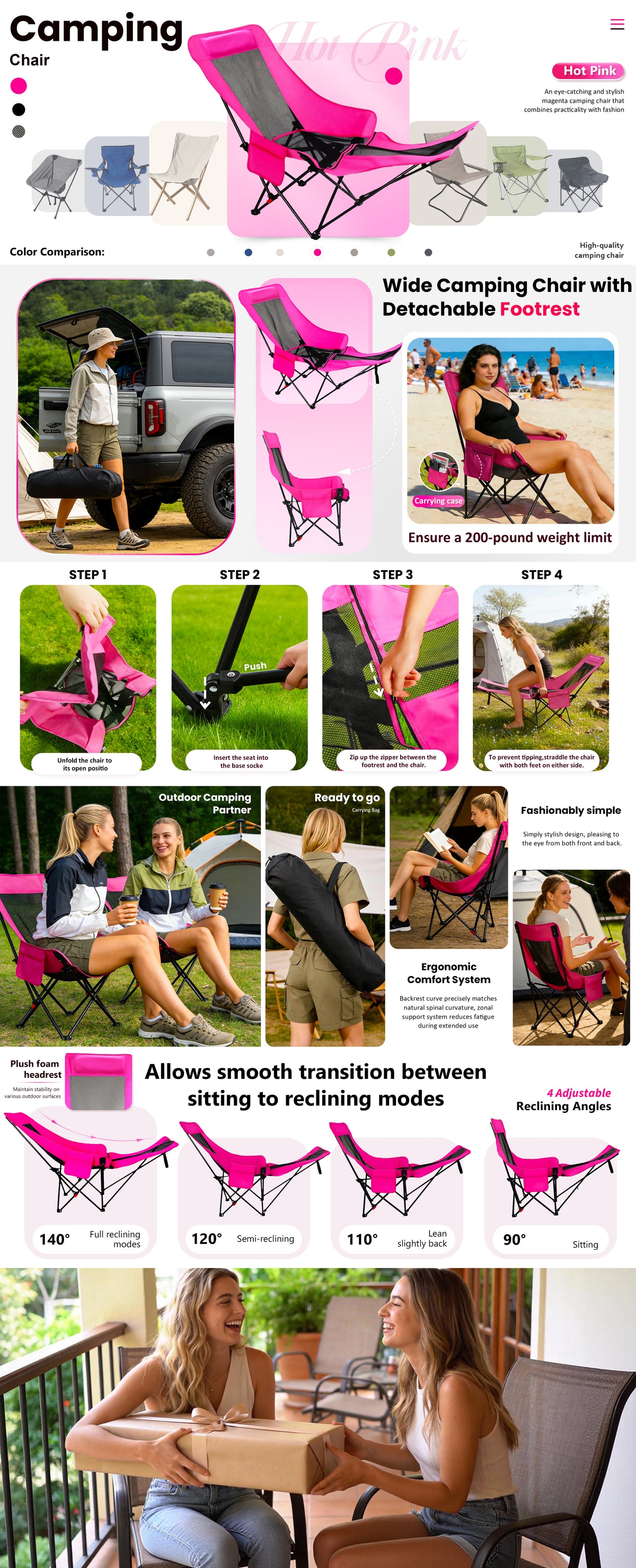 Hot Pink Reclining Lounge Camping Chair with Footrest 4-Position Adjustable Portable Reclined Chair Folding Lounge Chair With Headrest & Storage Bag for Outdoor Lawn, Hiking, Picnic, Fishing