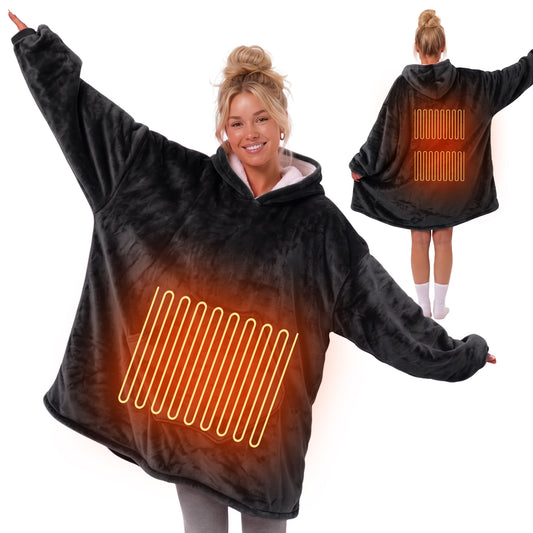 Dark Gray Cordless Electric Wearable Heated Blanket Hoodie with Pocket, Oversized Flannel & Sherpa USB Heated Hooded Blanket Sweatshirt for Men Women