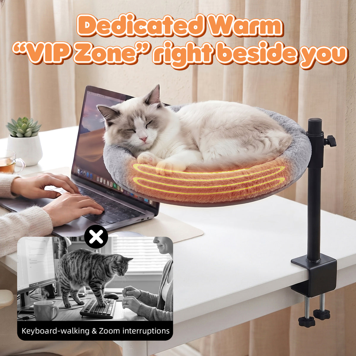 15 Inch Heated Cat Bed, Adjustable Desk Mounted Cat Bed Nest with Timer, 360° Rotating Gray Warming Cat Hammock bed, Fits Desks & Tables, for Small Middle Cats Indoor, Holds Up to 21lbs