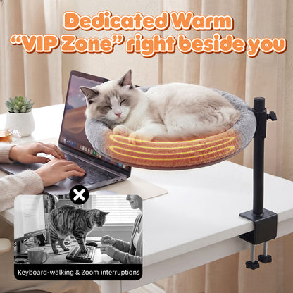 15 Inch Heated Cat Bed, Adjustable Desk Mounted Cat Bed Nest with Timer, 360° Rotating Gray Warming Cat Hammock bed, Fits Desks & Tables, for Small Middle Cats Indoor, Holds Up to 21lbs