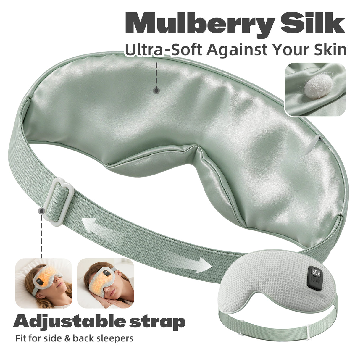 Silk Heated Eye Mask Cordless, Rechargeable Eye Heating Pad with Timer, Light Green 1500mAh Heated Dry Eye Mask, Electric Warm Eye Compress Mask for Sleep Xmas Gift for Her Men Women, Washable