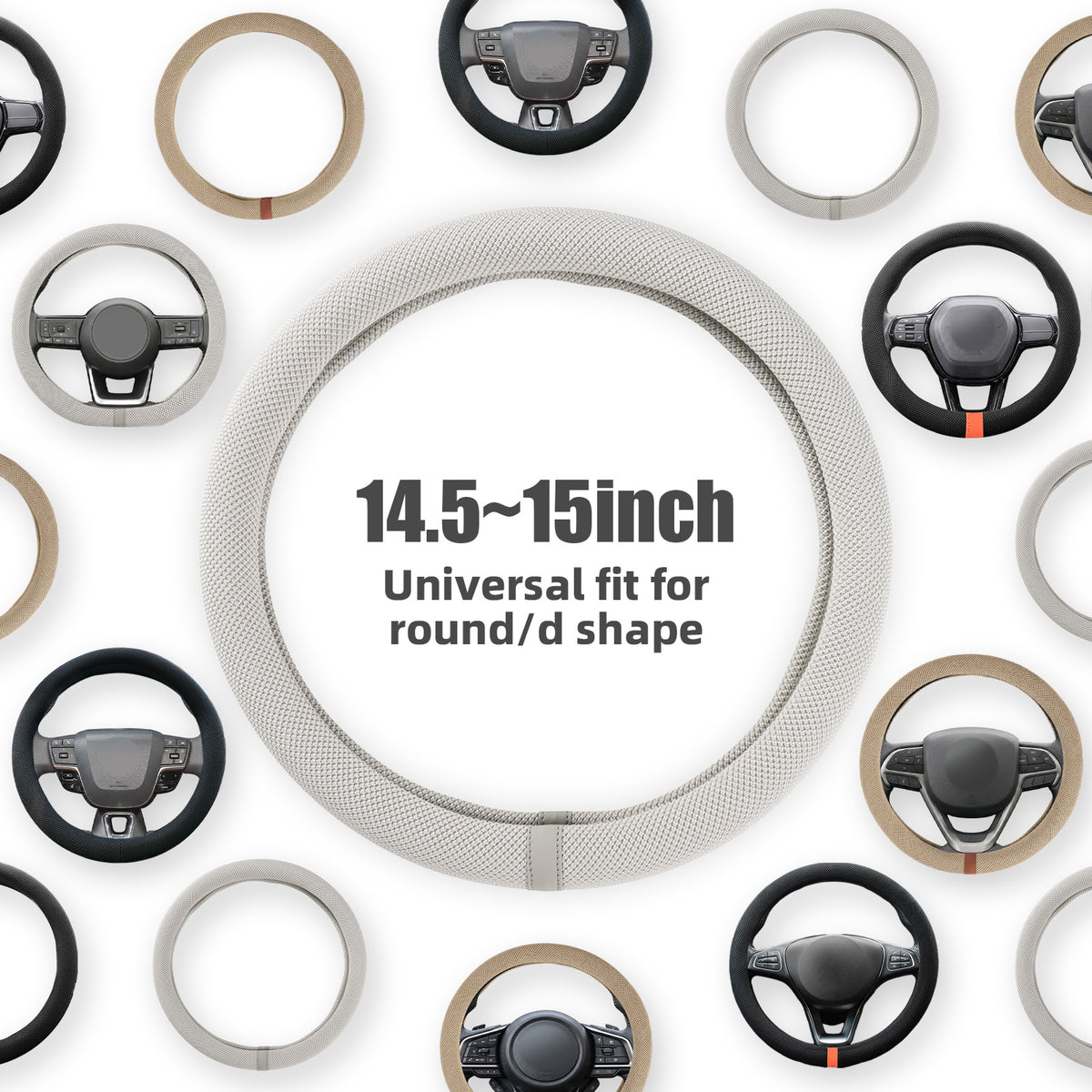15 Inch Silicone Steering Wheel Cover for Women Thermoregulating All-Season Breathable Car Steering Wheel Protector Fits Round/D Shape, Warm in Winter Cool in Summer, Non-Slip Touch, White Gray