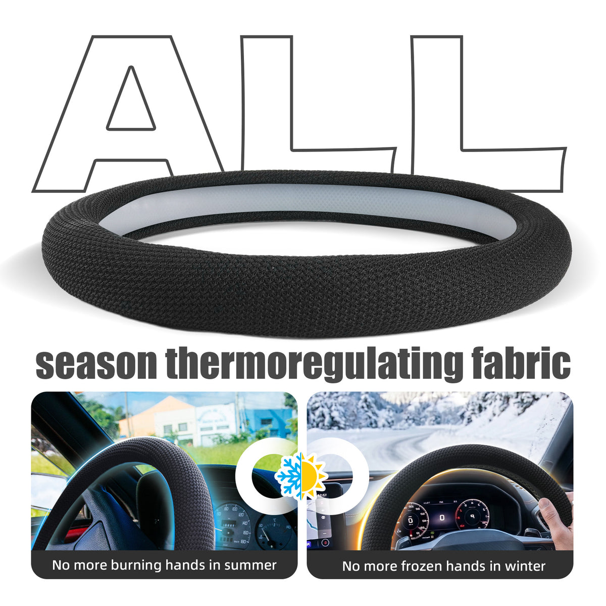 15“ Upgraded Black Steering Wheel Cover Men, Warm in Winter Cool in Summer, Thermoregulating Breathable Silicone Car Steering Wheel Cover Protector Non-Slip, Car Accessories Fits Round/D Shape