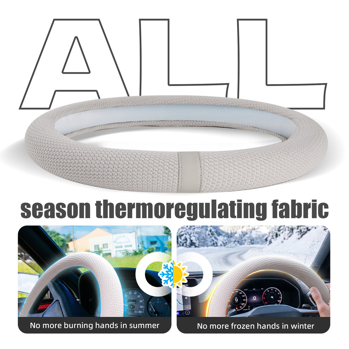 White Gray Upgraded Silicone Steering Wheel Cover Women, Warm in Winter Cool in Summer, 15 Inch Thermoregulating Breathable Car Steering Wheel Accessories Non-Slip for Women Men, Fits Round/D Shape