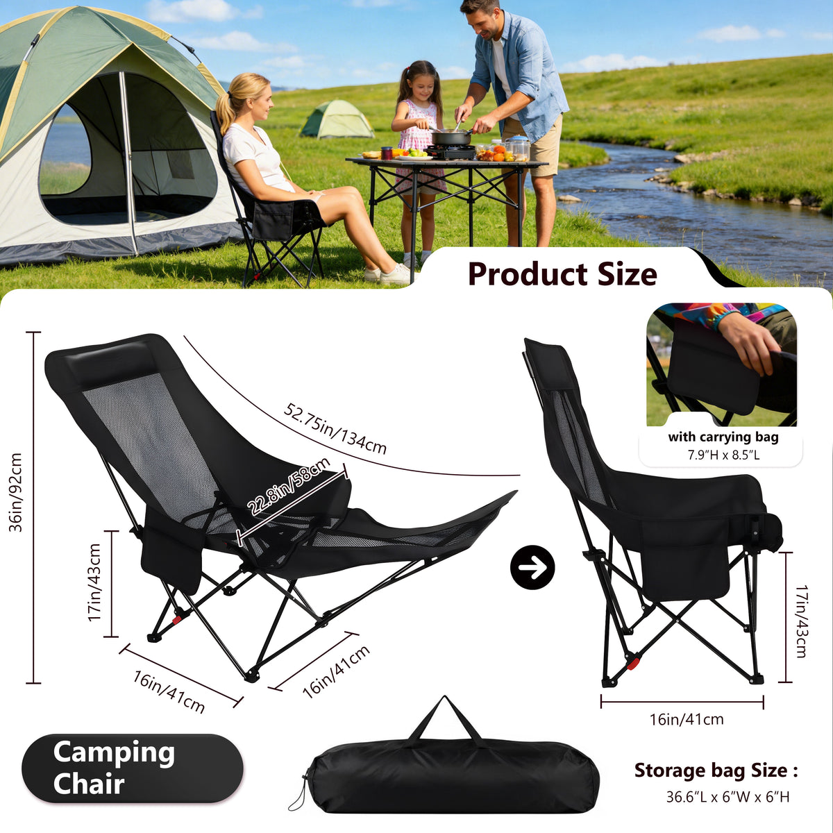 Reclining Camping Chair - Black