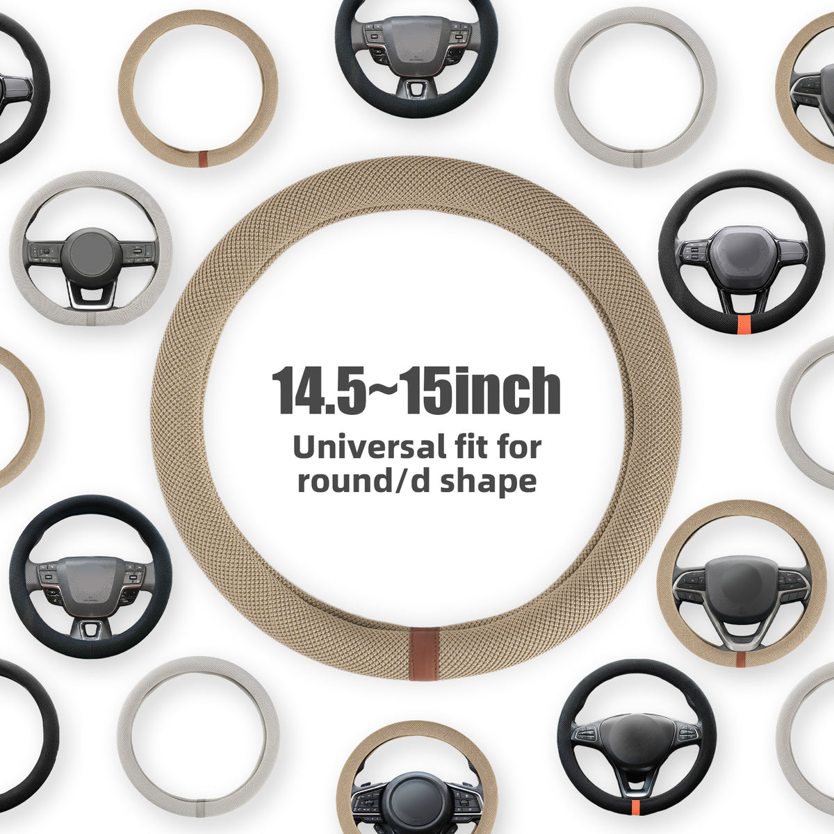 15" Silicone Steering Wheel Cover, Non-Slip Thermoregulating for All Season Breathable Car Steering Wheel Cover Protector Warmer Fits Round/D Shape, Warm in Winter Cool in Summer, Khaki Tan