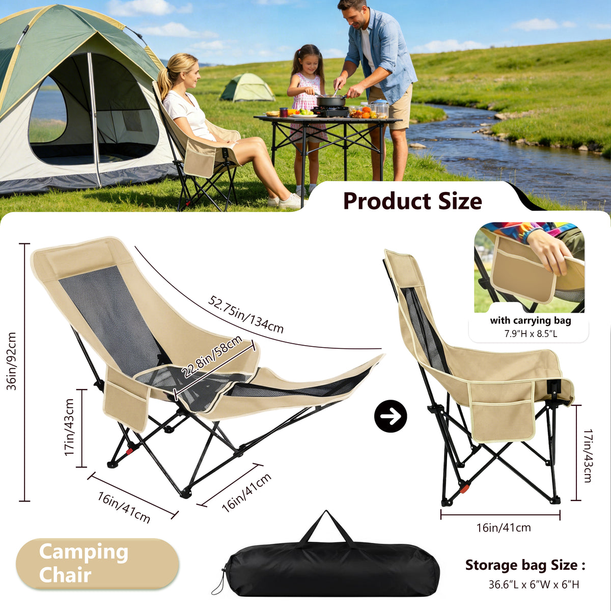 Reclining Camping Chair Lounge Chair with Footrest 3-Position Adjustable Portable Reclined Chair Folding Lounge Chair With Headrest & Storage Bag for Outdoor Lawn, Hiking, Picnic, Fishing, Khaki