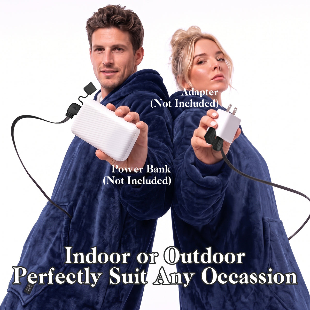 Dark Blue Cordless Electric Wearable Heated Blanket Hoodie with Pocket, Oversized Flannel & Sherpa USB Heated Hooded Blanket Sweatshirt for Men Women