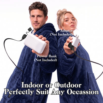 Dark Blue Cordless Electric Wearable Heated Blanket Hoodie with Pocket, Oversized Flannel & Sherpa USB Heated Hooded Blanket Sweatshirt for Men Women