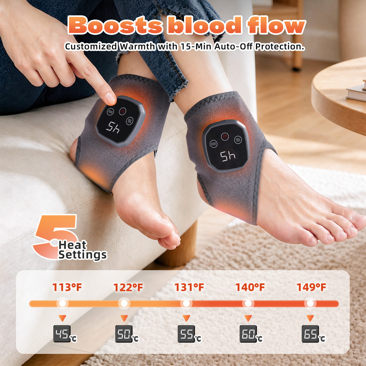 2Pcs Cordless Foot and Ankle Massager with Heat for Pain Relief Neuropathy, 3 Vibration & 5 Heat Levels