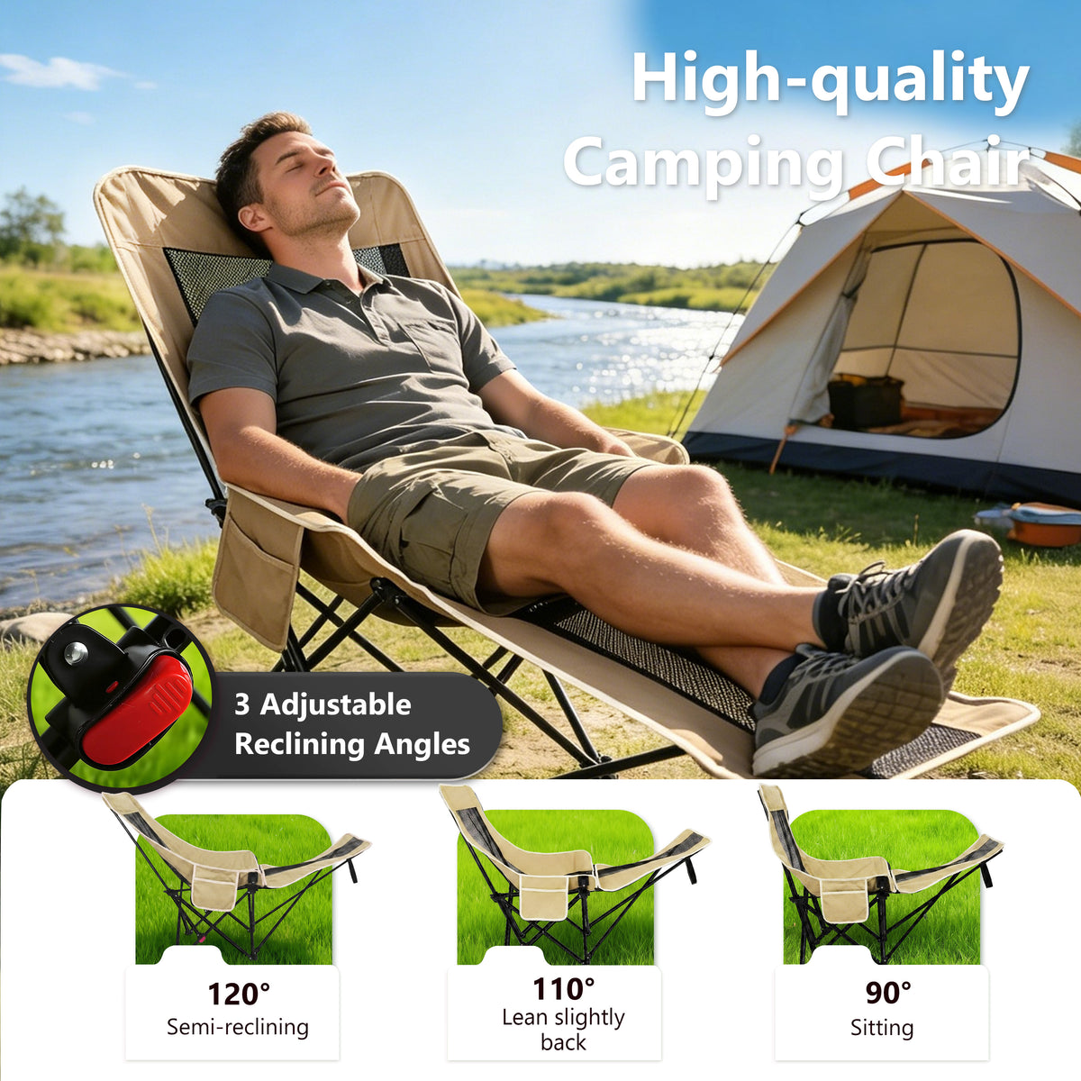 Reclining Camping Chair Lounge Chair with Footrest 3-Position Adjustable Portable Reclined Chair Folding Lounge Chair With Headrest & Storage Bag for Outdoor Lawn, Hiking, Picnic, Fishing, Khaki