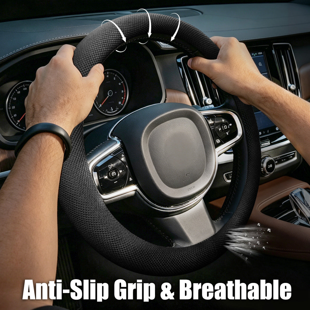 15 Inch Black Silicone Steering Wheel Cover Thermoregulating for All-Season Breathable Car Steering Wheel Cover Men Fits Round/D Shape, Warm in Winter Cool in Summer, Non-Slip Touch