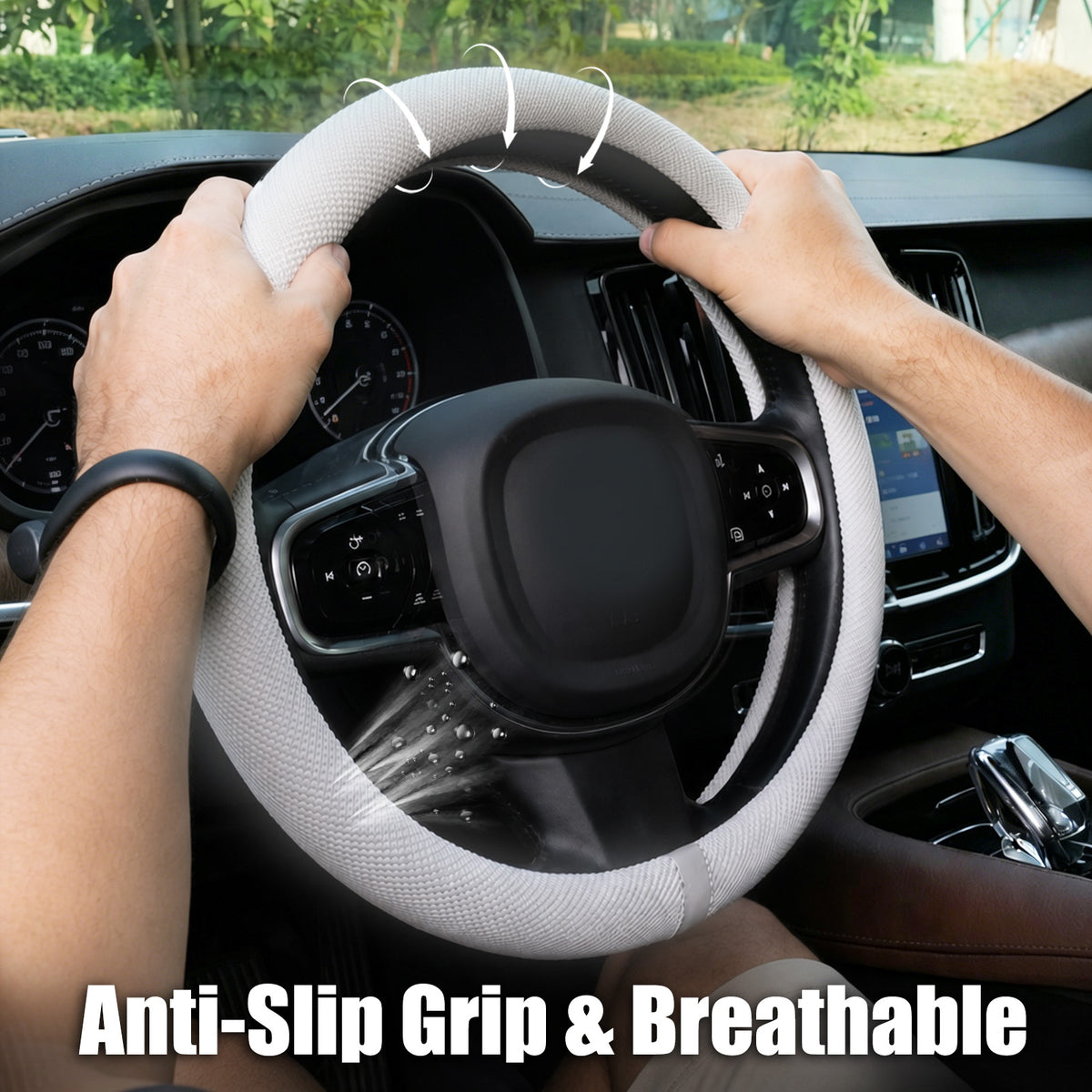 15 Inch Silicone Steering Wheel Cover for Women Thermoregulating All-Season Breathable Car Steering Wheel Protector Fits Round/D Shape, Warm in Winter Cool in Summer, Non-Slip Touch, White Gray