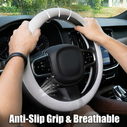 15 Inch Silicone Steering Wheel Cover for Women Thermoregulating All-Season Breathable Car Steering Wheel Protector Fits Round/D Shape, Warm in Winter Cool in Summer, Non-Slip Touch, White Gray