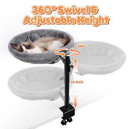15 Inch Heated Cat Bed, Adjustable Desk Mounted Cat Bed Nest with Timer, 360° Rotating Gray Warming Cat Hammock bed, Fits Desks & Tables, for Small Middle Cats Indoor, Holds Up to 21lbs
