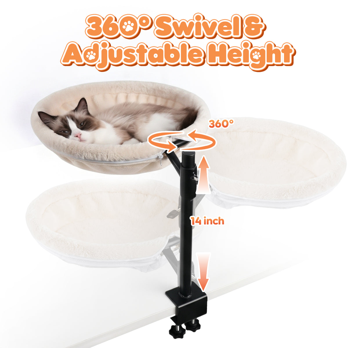 15 Inch Heated Cat Bed, Adjustable Desk Mounted Cat Bed Nest with Timer, 360° Rotating White Warming Cat Hammock bed, Fits Desks & Tables, for Small Middle Cats Indoor, Holds Up to 21lbs