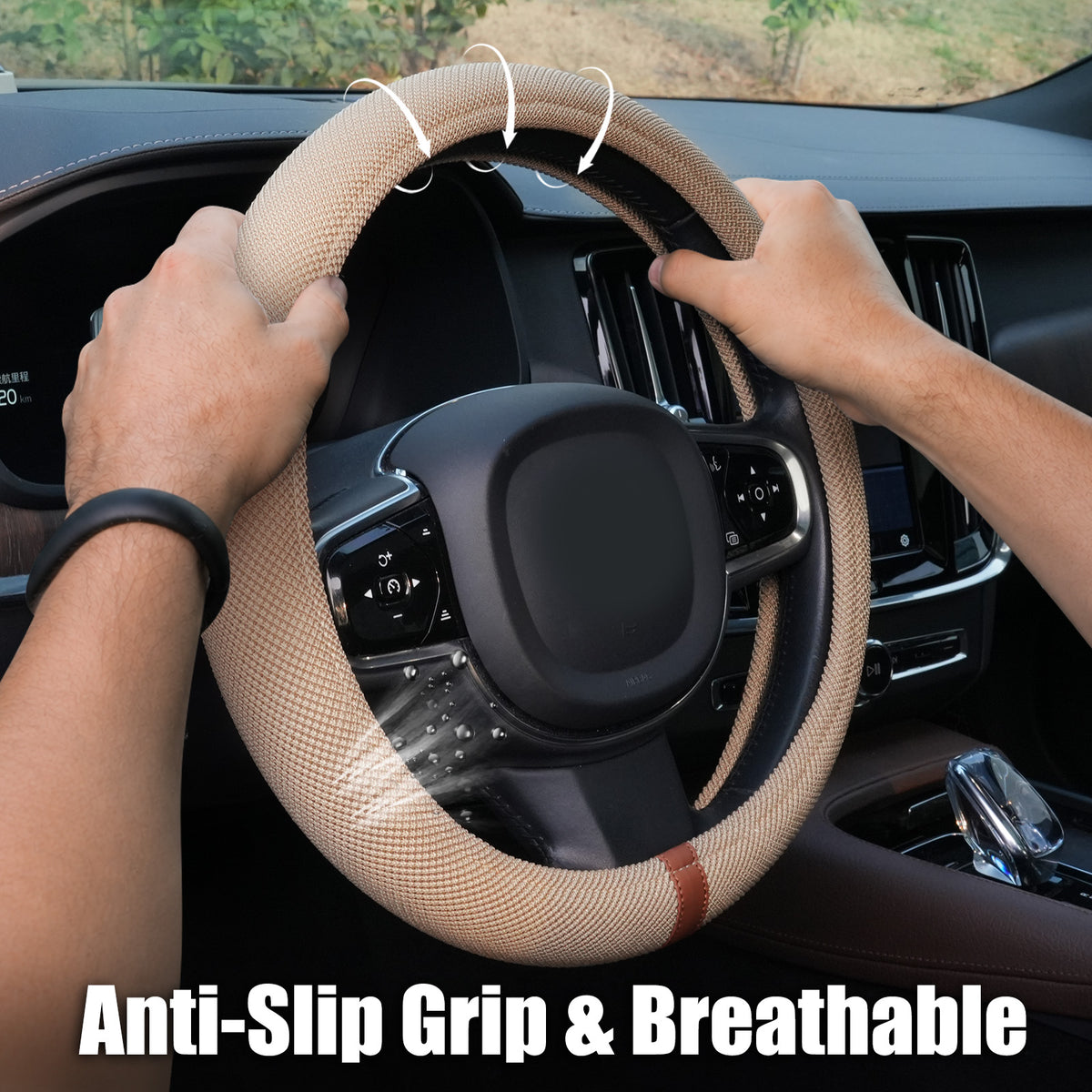 15" Silicone Steering Wheel Cover, Non-Slip Thermoregulating for All Season Breathable Car Steering Wheel Cover Protector Warmer Fits Round/D Shape, Warm in Winter Cool in Summer, Khaki Tan