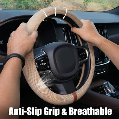 15" Silicone Steering Wheel Cover, Non-Slip Thermoregulating for All Season Breathable Car Steering Wheel Cover Protector Warmer Fits Round/D Shape, Warm in Winter Cool in Summer, Khaki Tan