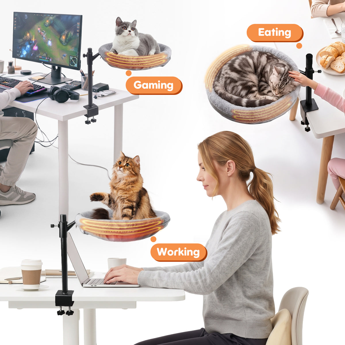 15 Inch Heated Cat Bed, Adjustable Desk Mounted Cat Bed Nest with Timer, 360° Rotating Gray Warming Cat Hammock bed, Fits Desks & Tables, for Small Middle Cats Indoor, Holds Up to 21lbs