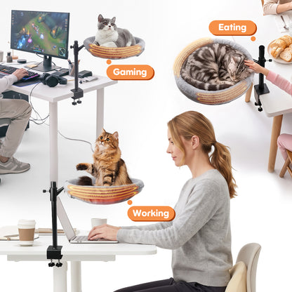 15 Inch Heated Cat Bed, Adjustable Desk Mounted Cat Bed Nest with Timer, 360° Rotating Gray Warming Cat Hammock bed, Fits Desks & Tables, for Small Middle Cats Indoor, Holds Up to 21lbs