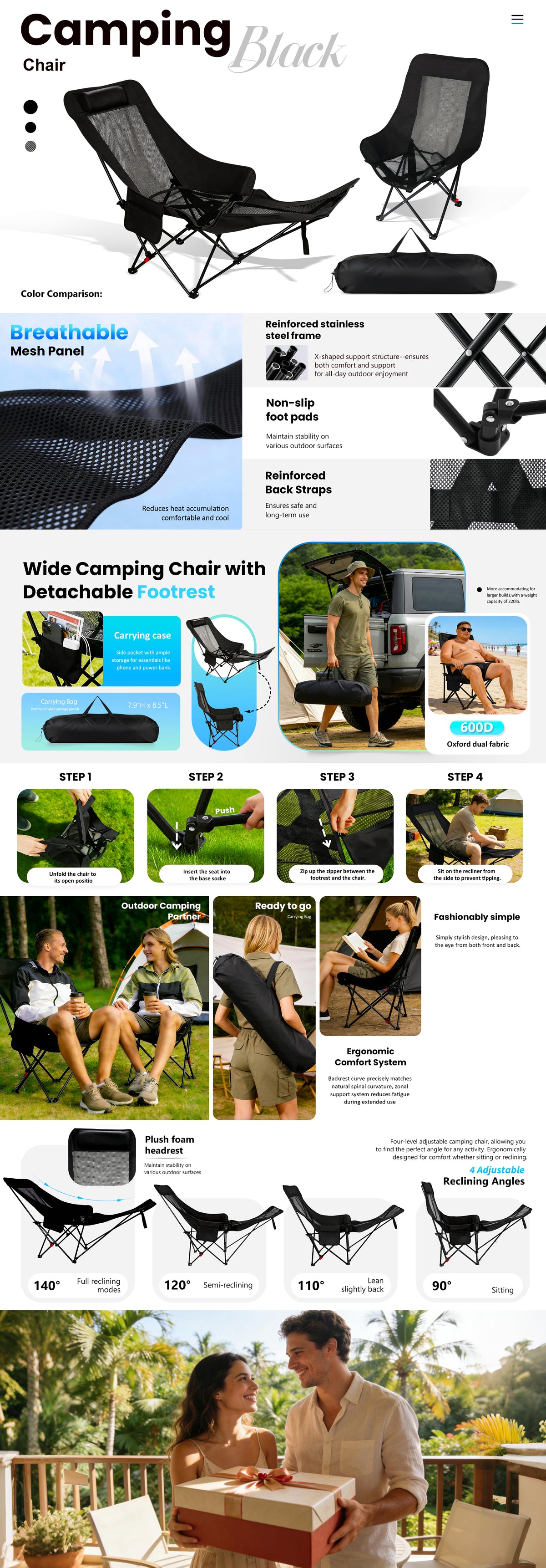 Reclining Camping Chair - Black